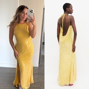 MAC DUGGAL Yellow Sequin Cowl Back Maxi Dress 2